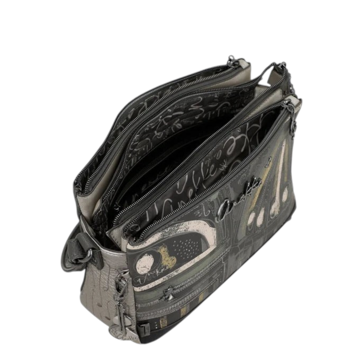 Lieblingstasche cross-body bag in grey with artistic abstract print, multiple zippered compartments, and silver hardware