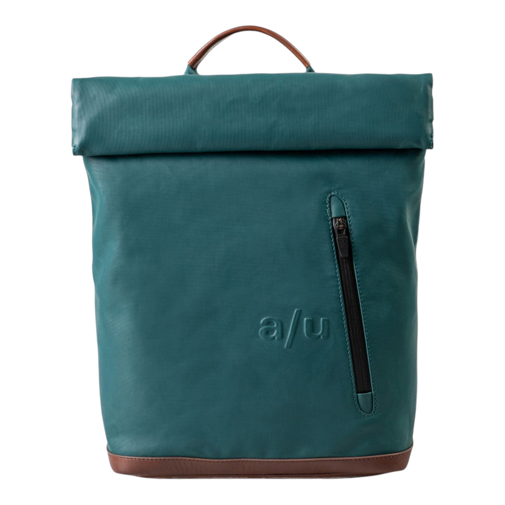 Lieblingstasche Wakayama rolltop backpack in petrol green with brown leather accents and front zipper pocket