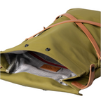 Lieblingstasche Yokohama olive green backpack with tan leather straps and a patterned interior lining
