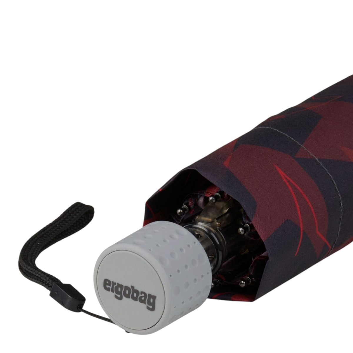Lieblingstasche Affenzahn umbrella in dark red and black geometric pattern with grey handle and wrist strap