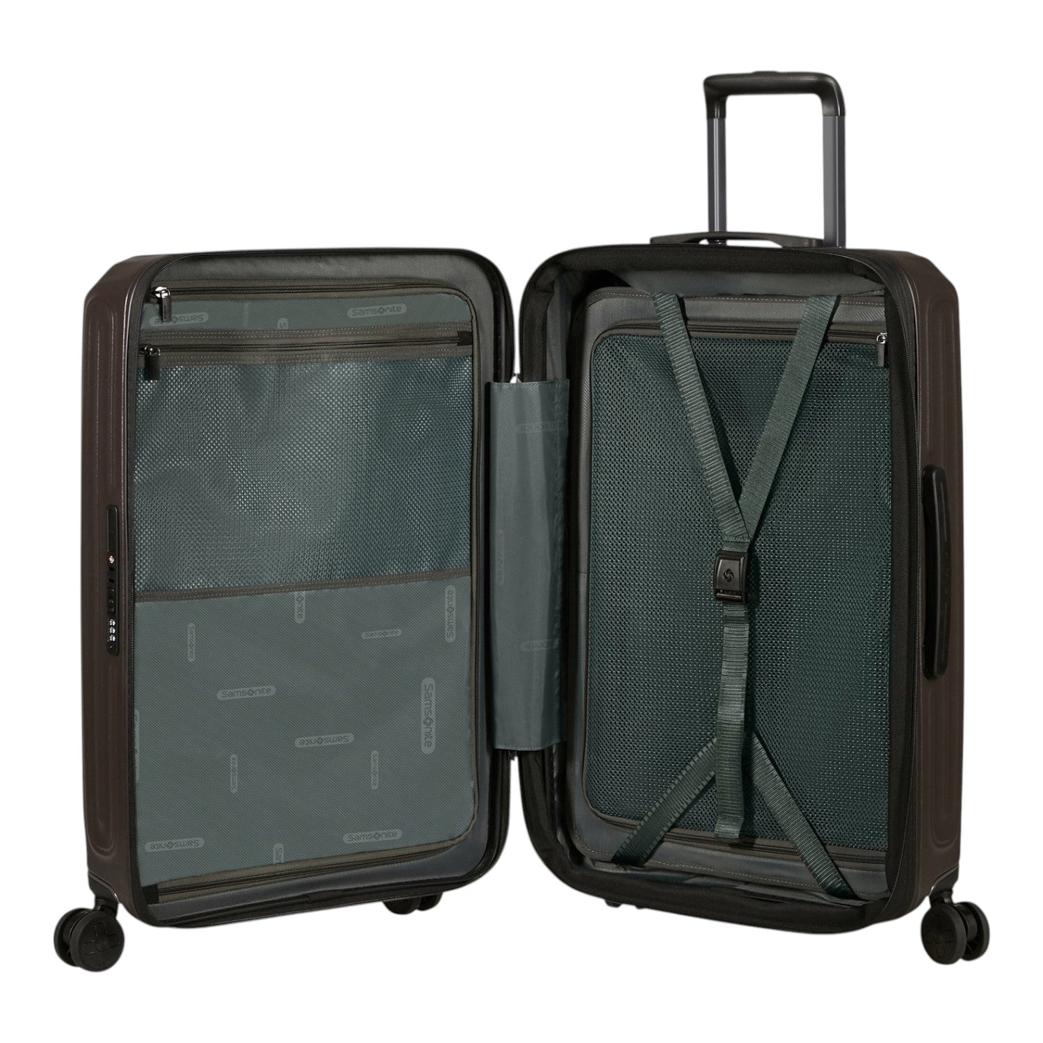 Lieblingstasche 2WANDER Spinner 69/25 Exp suitcase interior with mesh dividers, compression straps, and dark lining.