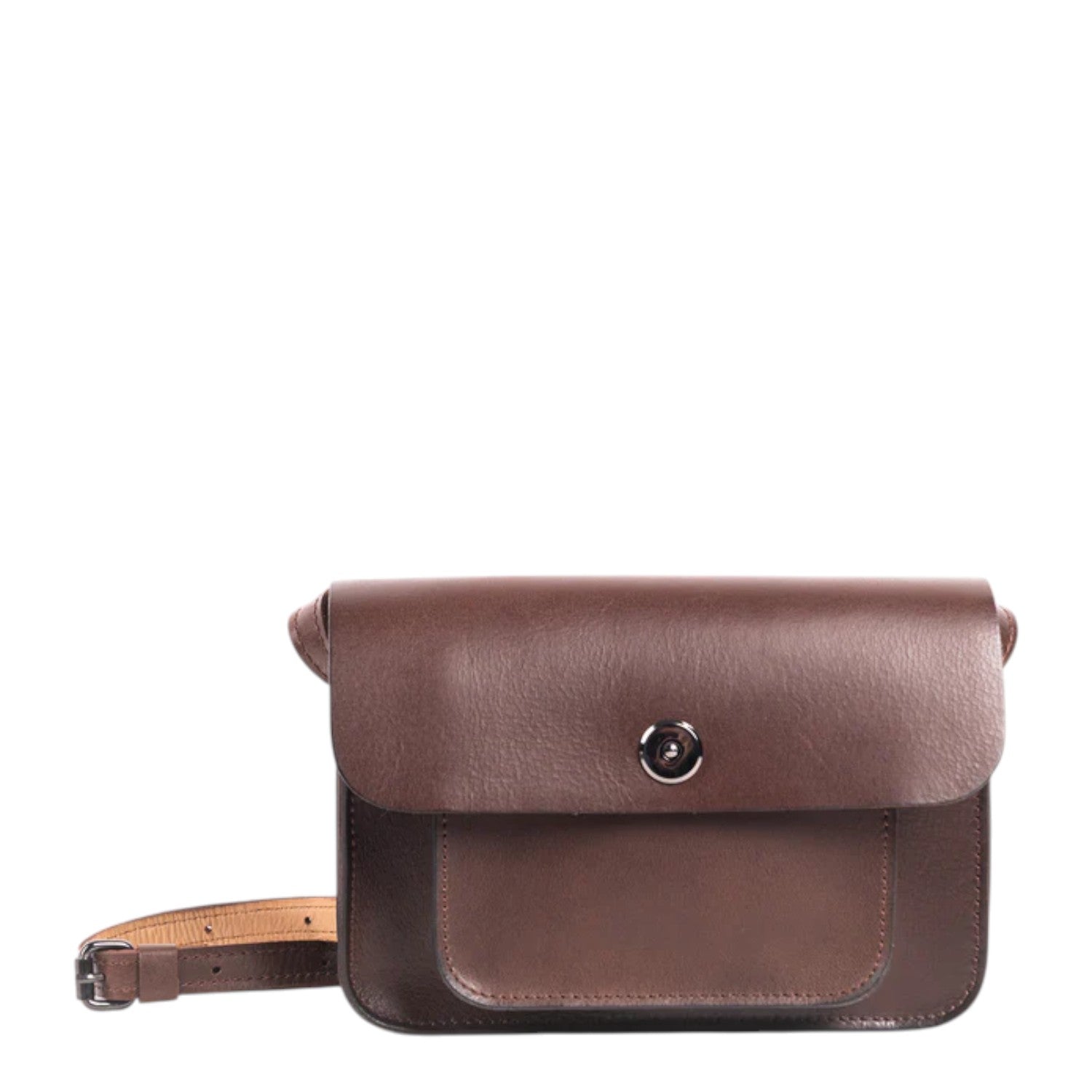Lieblingstasche Abby brown leather crossbody bag with front pocket and silver clasp.