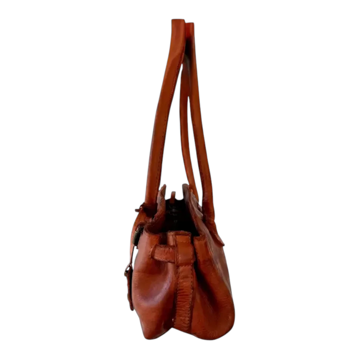 Lieblingstasche Adriella brown leather handbag viewed from the side showing long shoulder straps and textured finish