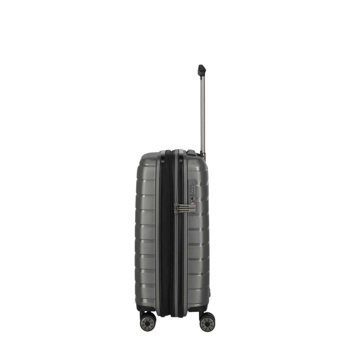 Lieblingstasche Air Base Trolley 4W S exp in metallic grey with a side view, telescopic handle, and TSA lock.