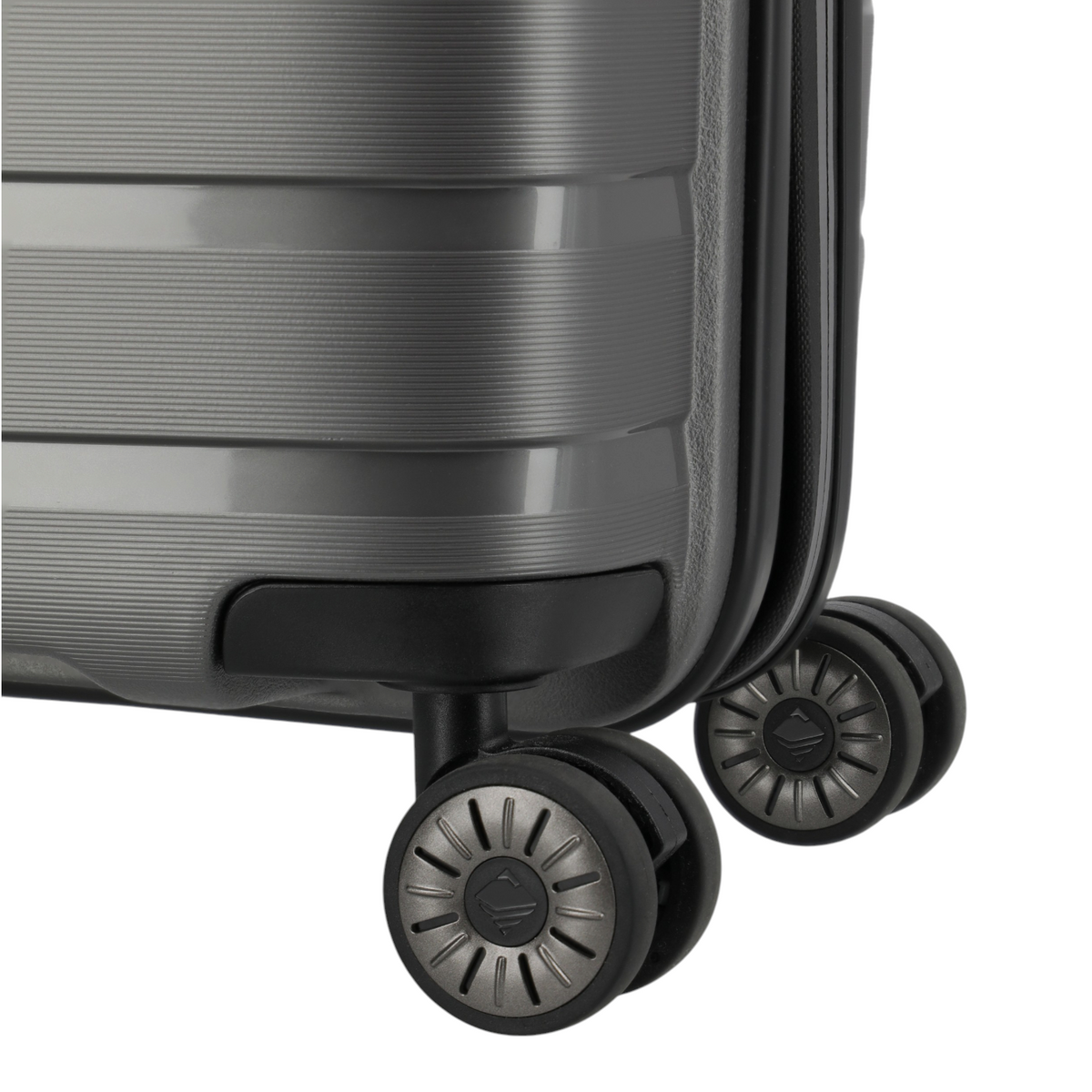 Close-up of the durable grey wheels on a Lieblingstasche Air Base Trolley 4W S exp suitcase