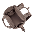 Lieblingstasche Allrounder R backpack in taupe showing the spacious open interior with elasticized side pockets