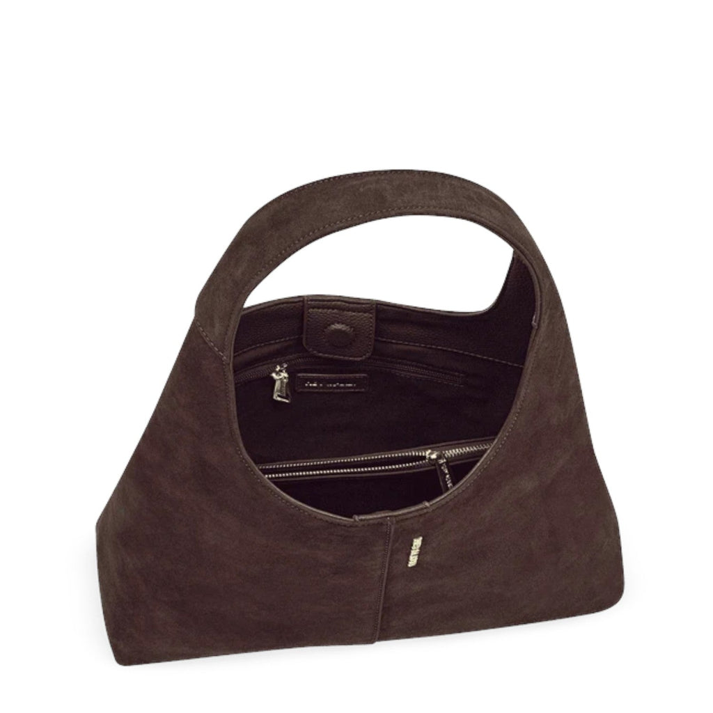 Lieblingstasche Alltime Lover ReSuede M dark brown suede hobo bag with top handle and internal zippered pockets
