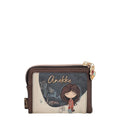 Lieblingstasche Anekke wallet in brown and beige featuring a whimsical illustrated character and gold zipper charm