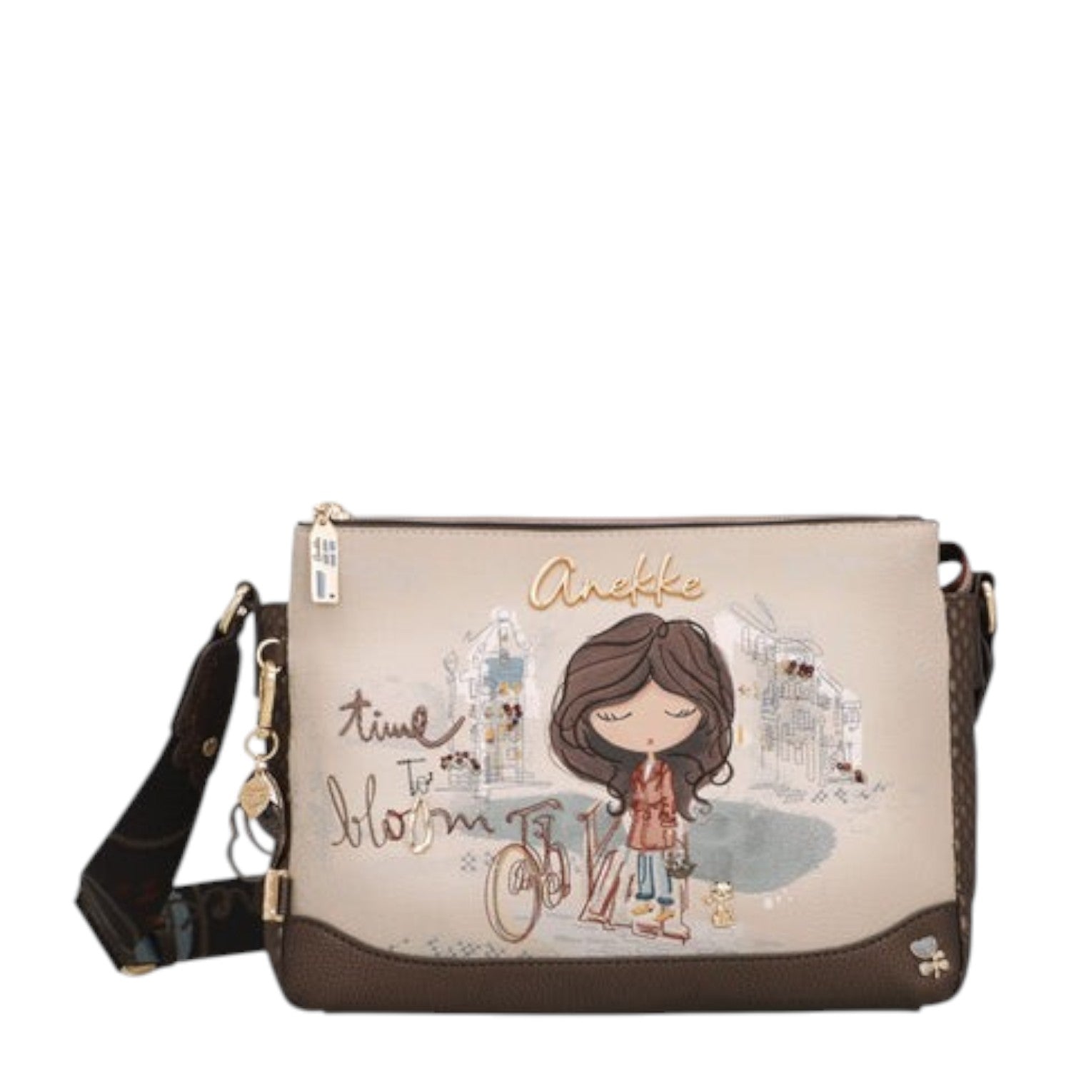 Lieblingstasche Anekke cross-body bag in beige and brown with whimsical Time to Bloom illustration and shoulder strap