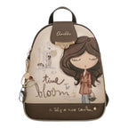 Lieblingstasche Anekke backpack featuring a whimsical illustration of a girl, floral motifs, and gold-tone hardware.