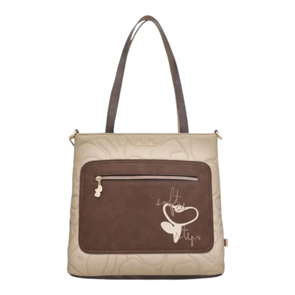 Lieblingstasche Anekke shoulder bag in beige and brown with quilted texture, front zip pocket, and heart embroidery.