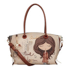 Lieblingstasche short handle bag featuring Anekke illustration, brown leather-look trim, and decorative charm
