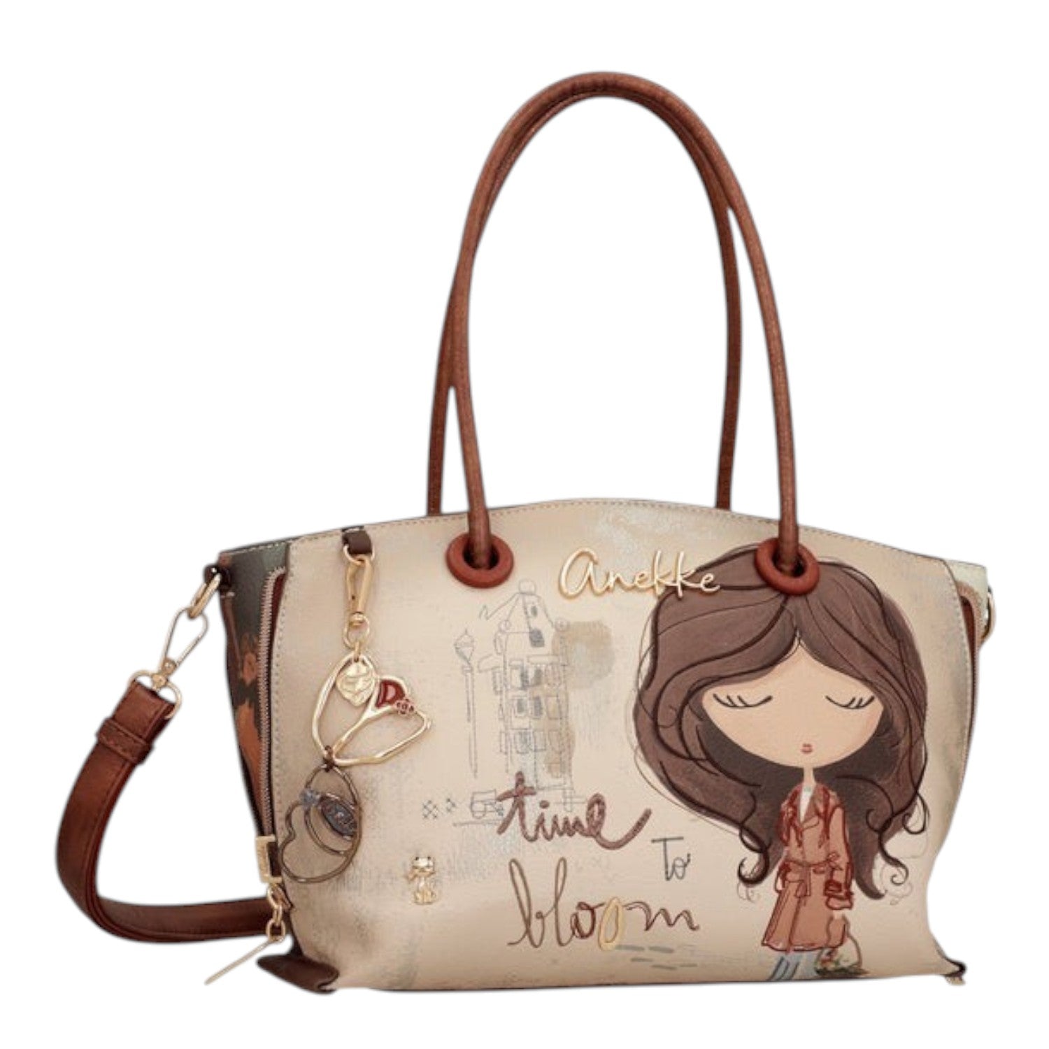 Lieblingstasche short handle bag featuring Anekke illustration, brown leather-look trim, and decorative charms.