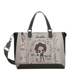 Lieblingstasche Anekke short handle bag with artistic musical illustration, grey faux leather, and charm detail