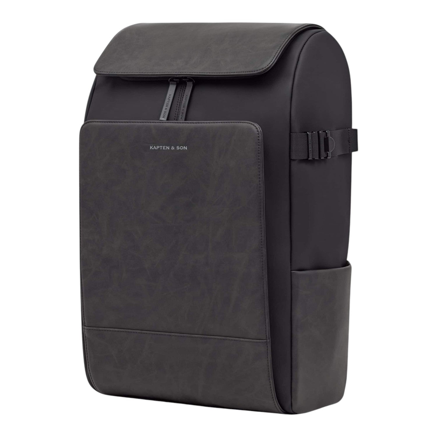 Lieblingstasche Bali Pro black vegan leather backpack with front pocket and side pouch.
