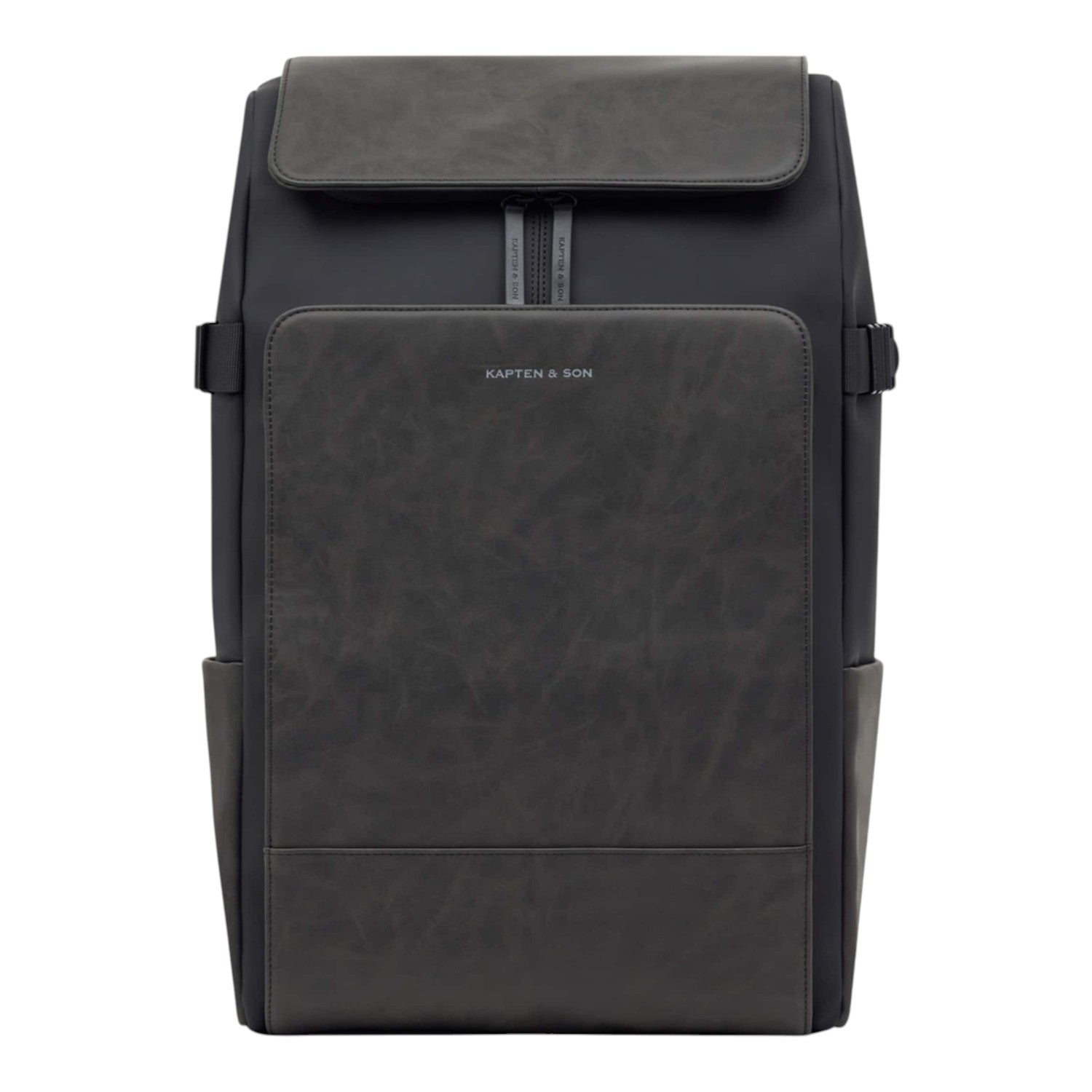 Lieblingstasche Bali Pro dark grey vegan leather and recycled polyester backpack with flap closure and front pocket.