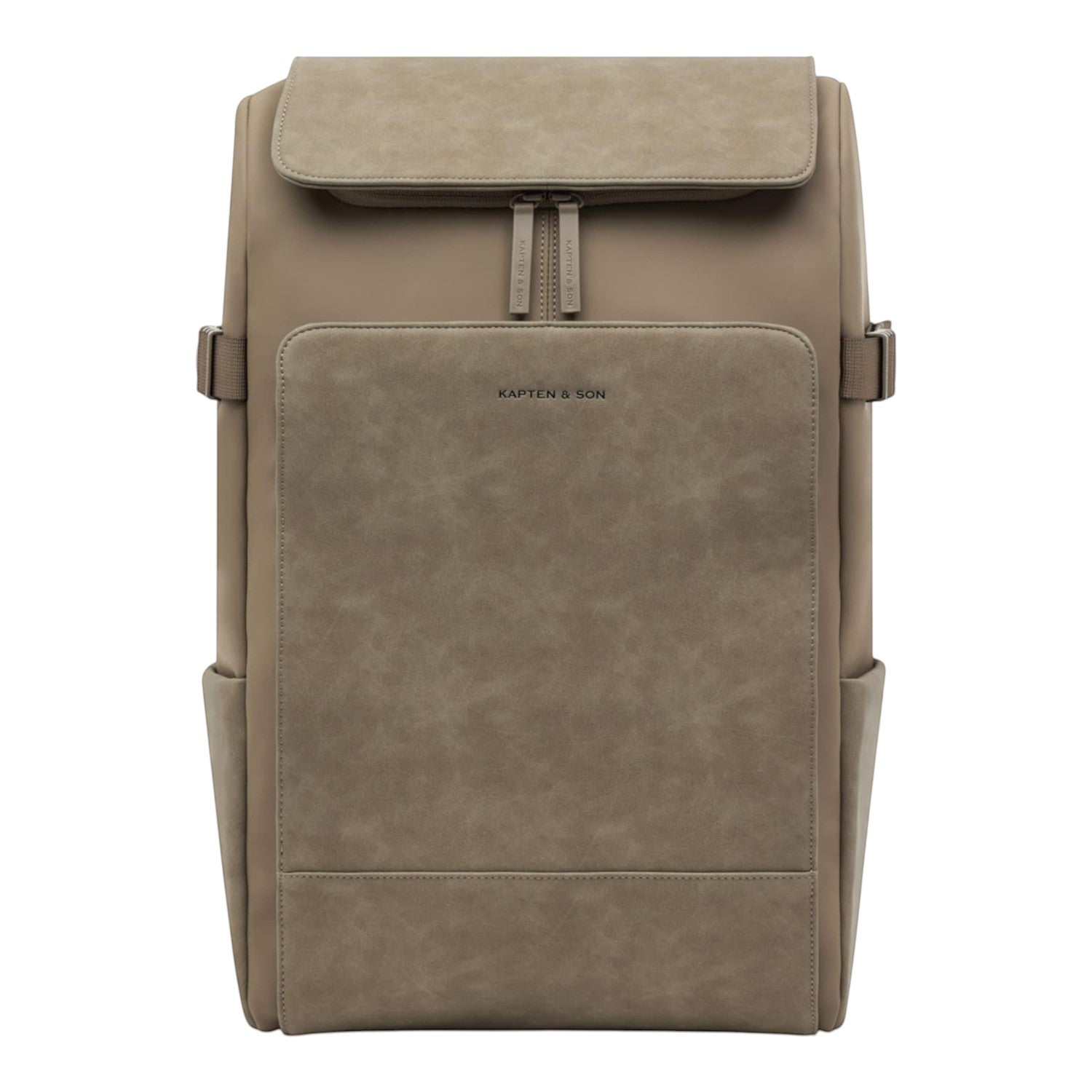 Lieblingstasche Bali Pro taupe faux leather backpack with front zip pocket and side pockets.