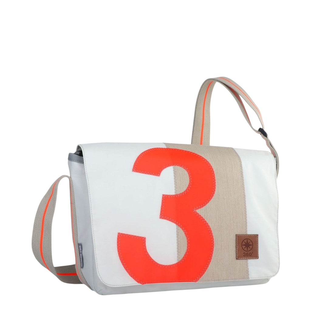 Lieblingstasche Barkasse Mini messenger bag in white with a large orange number 3 applique and beige stripe detail.