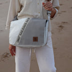 Lieblingstasche Barkasse Mini messenger bag made of white and grey recycled sailcloth with maritime design