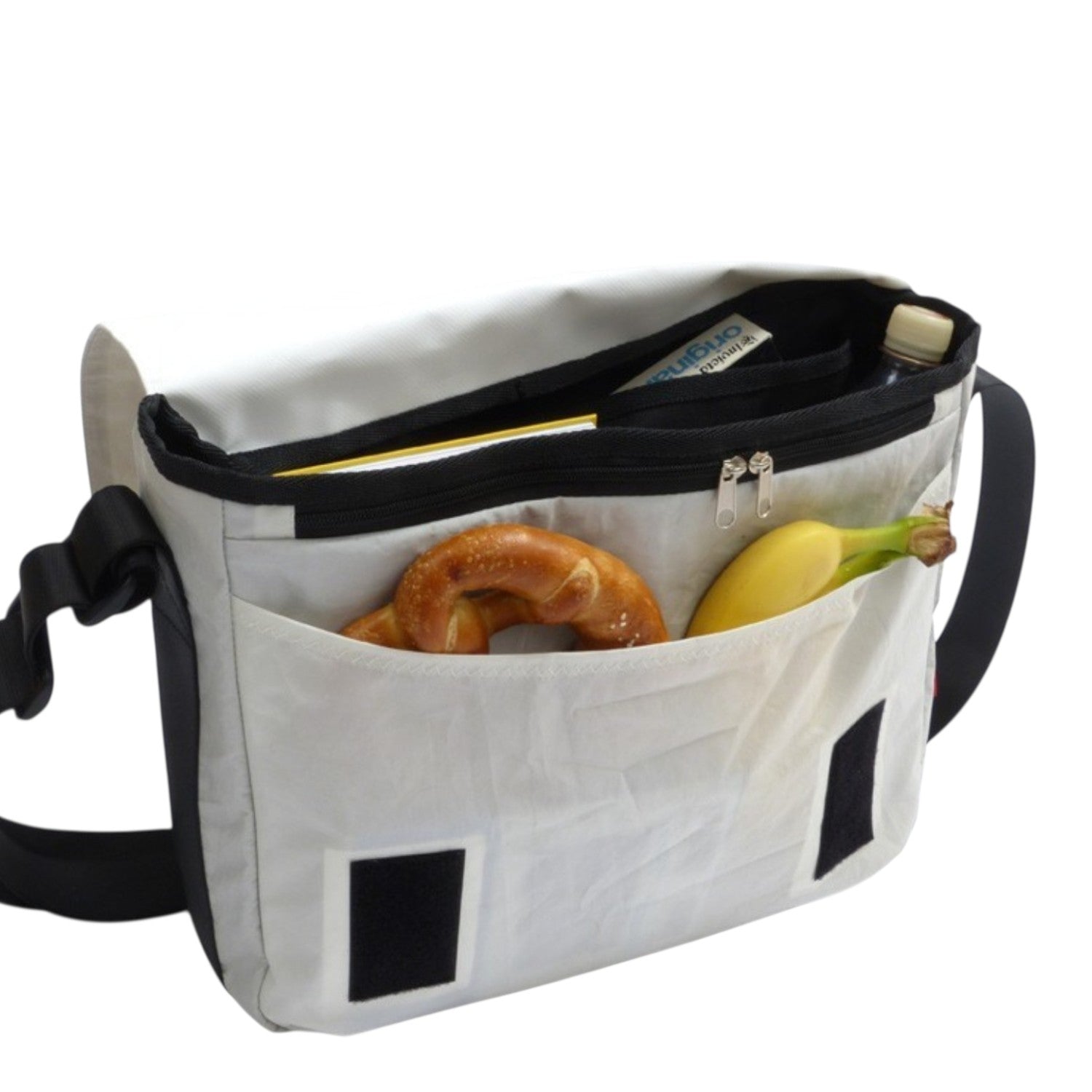 Lieblingstasche Barkasse messenger bag made from recycled white sailcloth with black trim and front pockets
