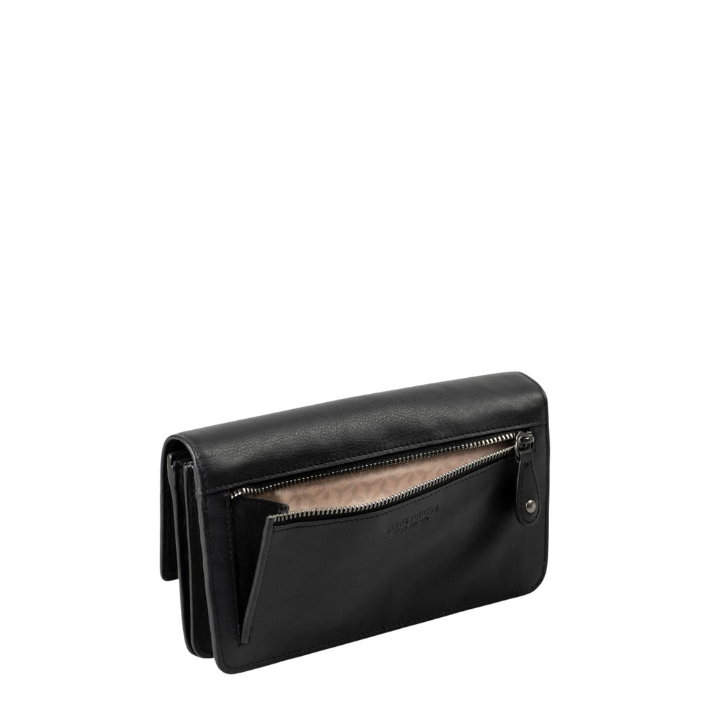 Lieblingstasche Bay black leather wallet with a back exterior zippered pocket and light patterned interior lining