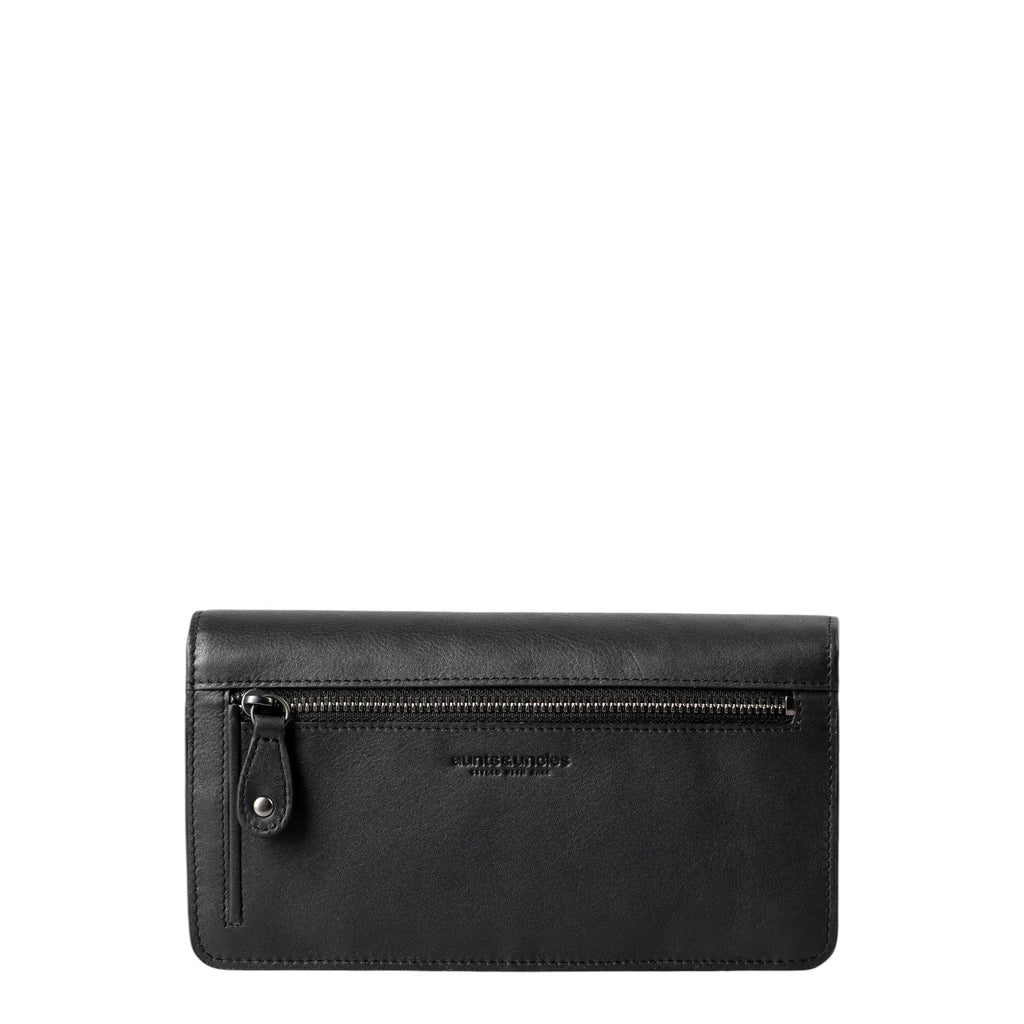 Lieblingstasche Bay black leather wallet featuring a back exterior zipper pocket and embossed branding