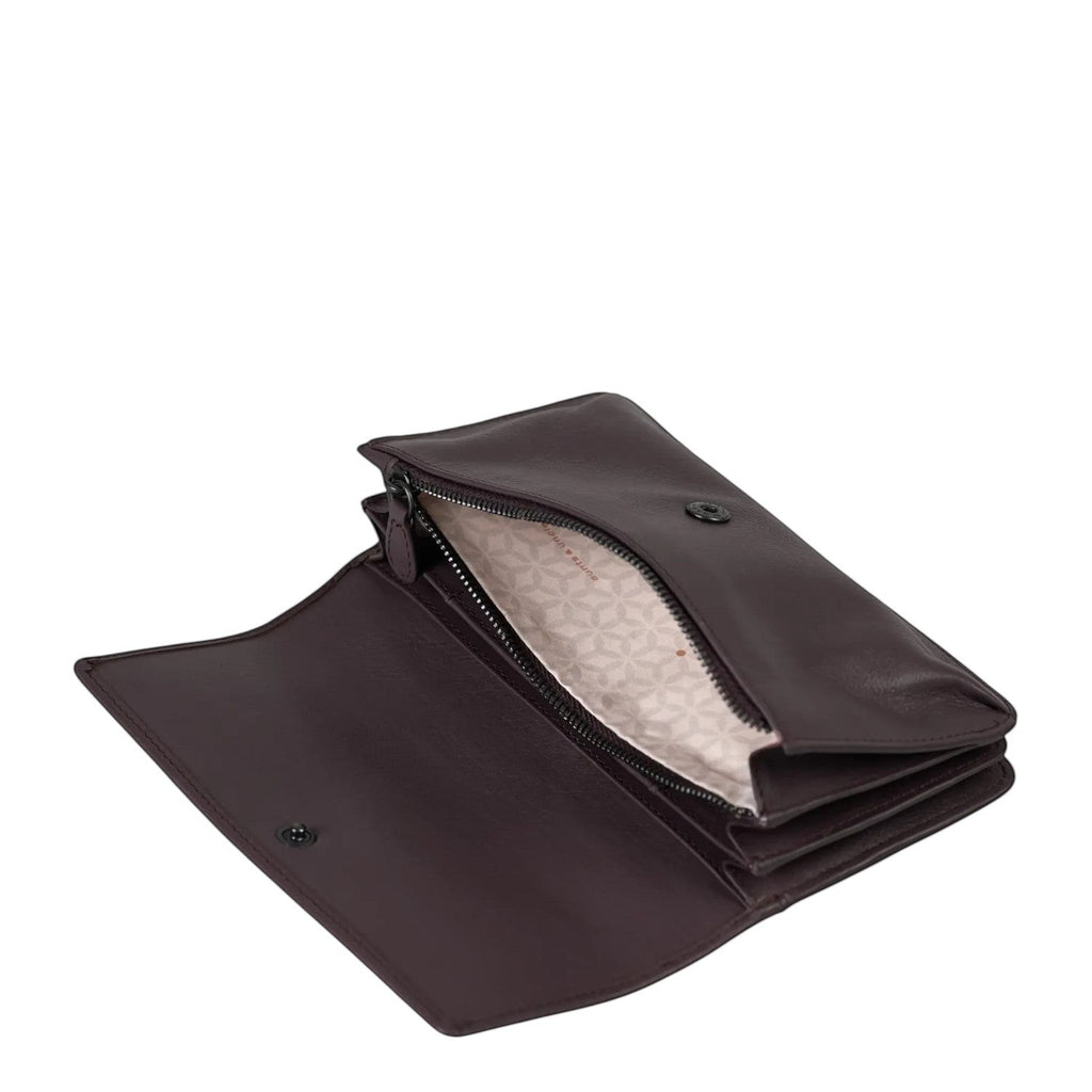 Lieblingstasche Bay dark purple leather wallet with open flap and patterned interior lining