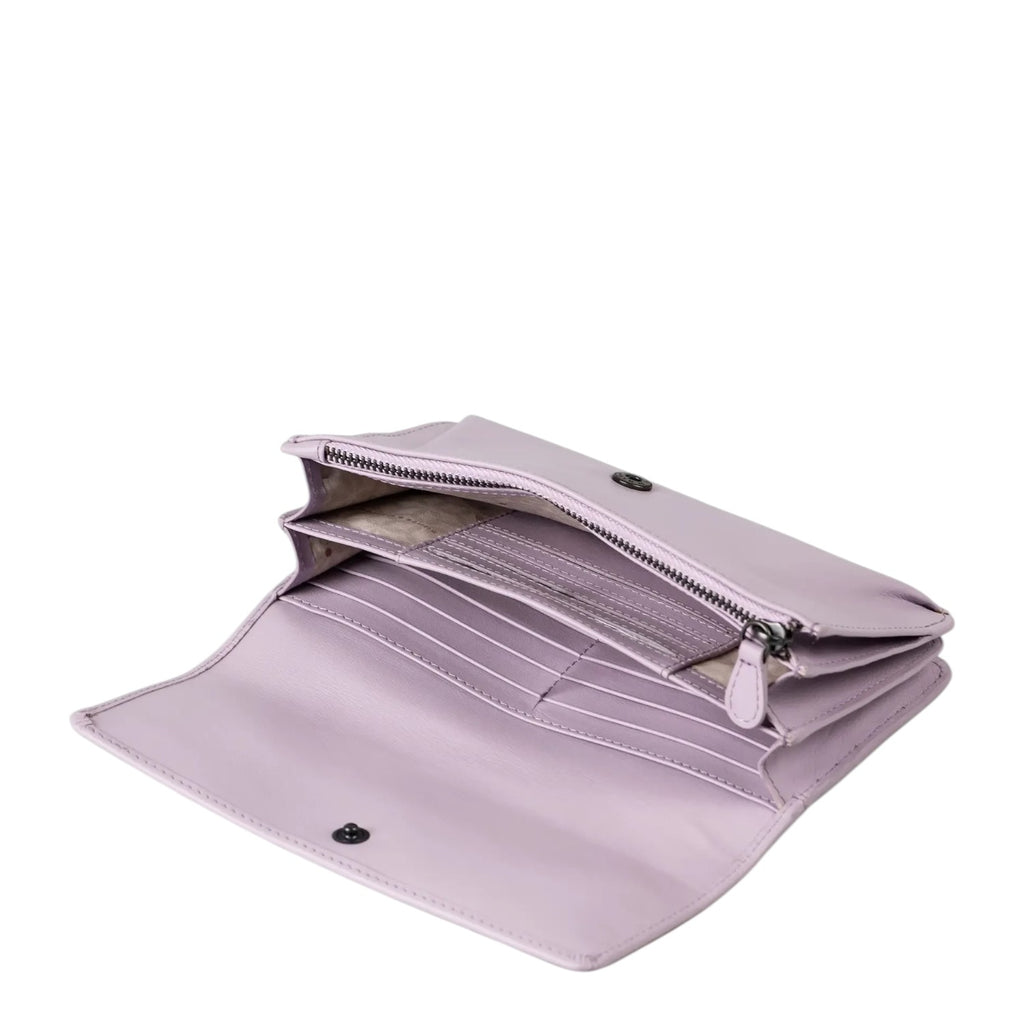 Lieblingstasche Bay lavender leather wallet with multiple card slots and a central zippered coin compartment