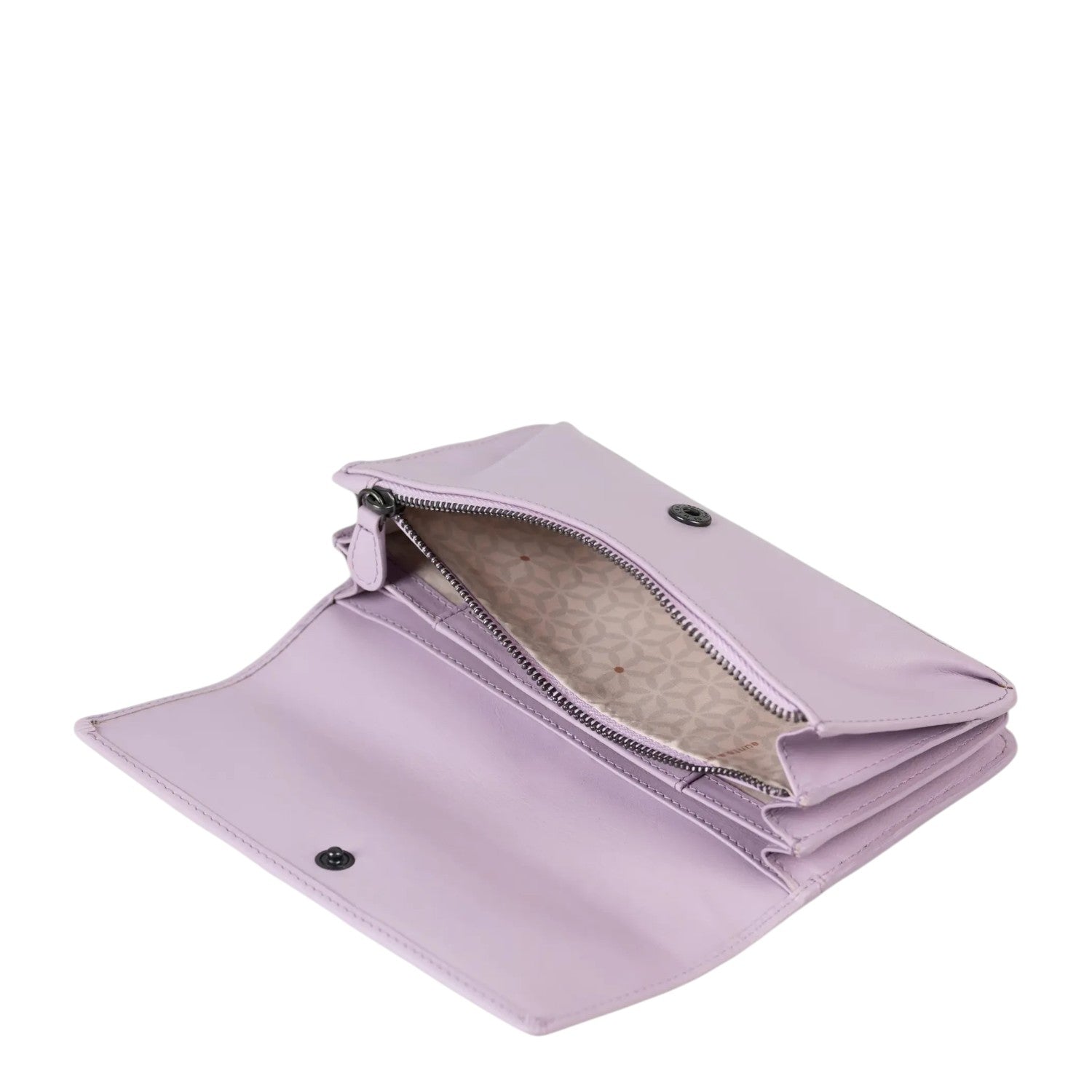 Lieblingstasche Bay lavender leather wallet with open flap, multiple compartments, and patterned interior lining.
