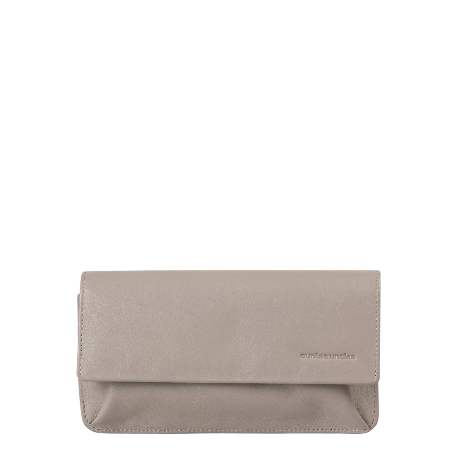 Lieblingstasche Bay taupe leather clutch bag with a minimalist flap design and embossed logo detail