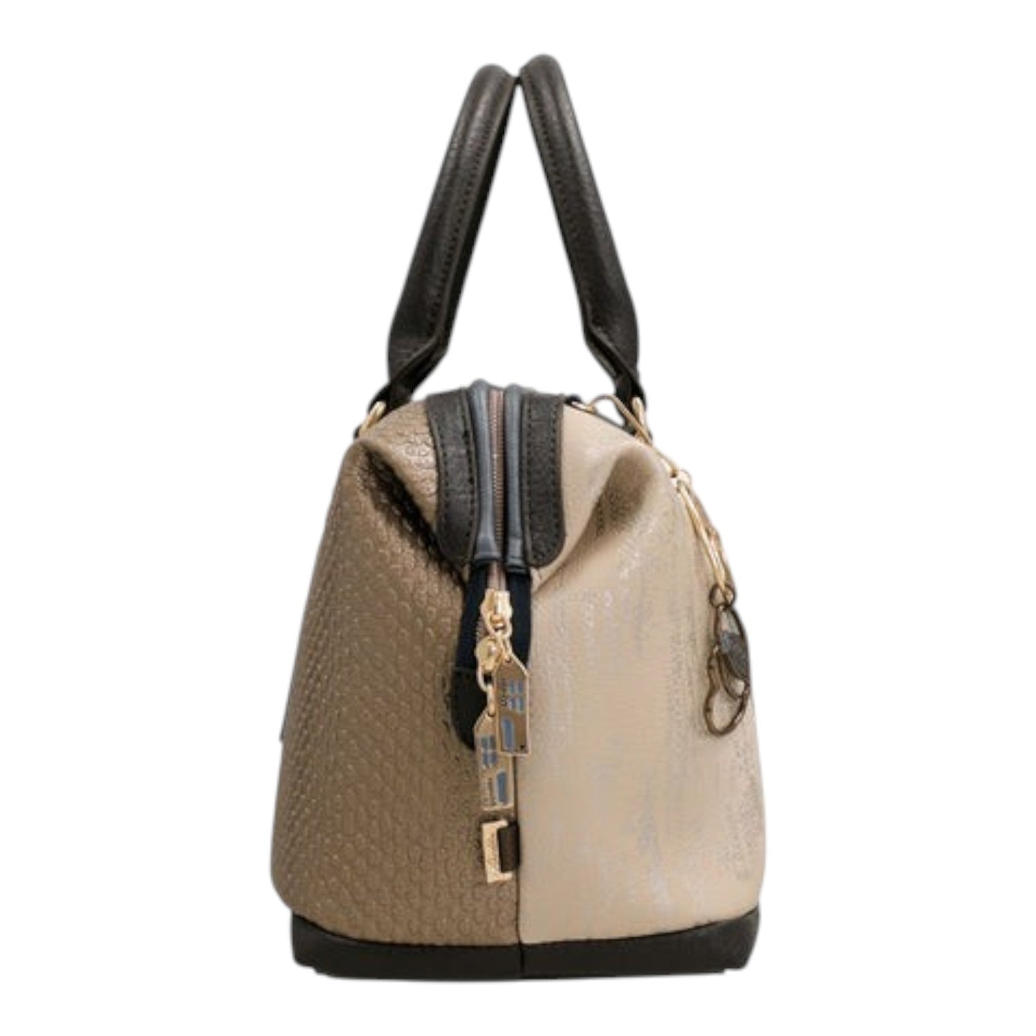 Lieblingstasche short handle bag in beige and bronze with textured finish and dark brown accents, side view