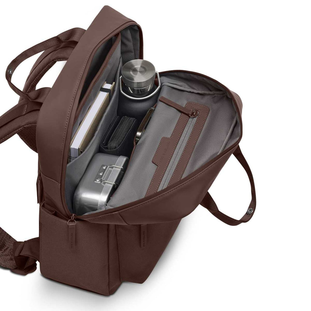 Lieblingstasche Bergen Pro brown backpack with open main compartment showing organized interior and water bottle