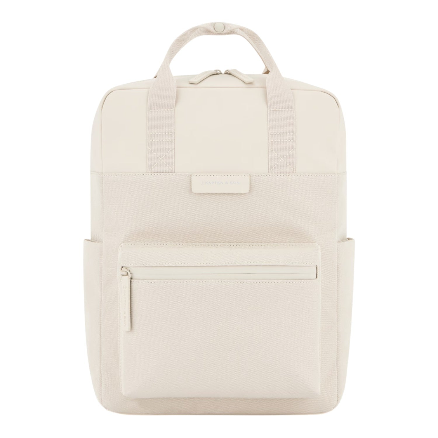 Lieblingstasche Bergen Pro backpack in off-white with a front zip pocket, top handles, and minimalist design.