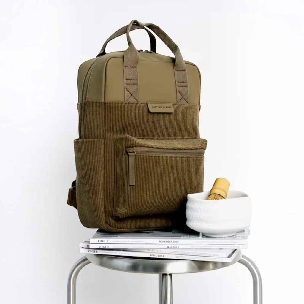 Lieblingstasche Bergen Pro Limited Edition olive green corduroy backpack with top handles and front zip pocket