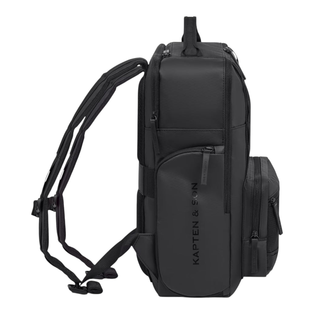 Lieblingstasche Bergen Ultra black backpack shown from the side with padded straps and multiple zippered compartments