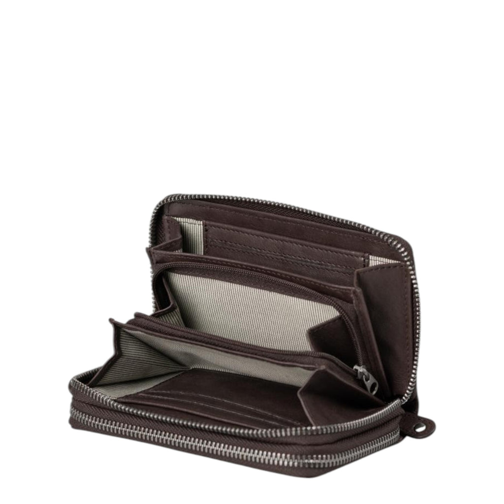 Lieblingstasche Betty dark brown leather wallet with double zip compartments and striped interior lining