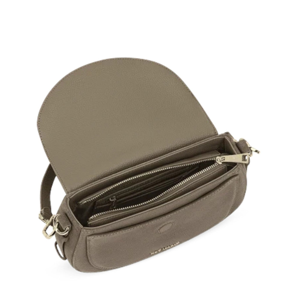 Lieblingstasche Big Sister Suede taupe leather crossbody bag with open flap and interior zipper compartments