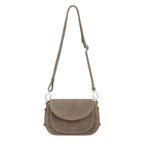 Lieblingstasche Big Sister Suede taupe crossbody bag with adjustable strap and flap closure
