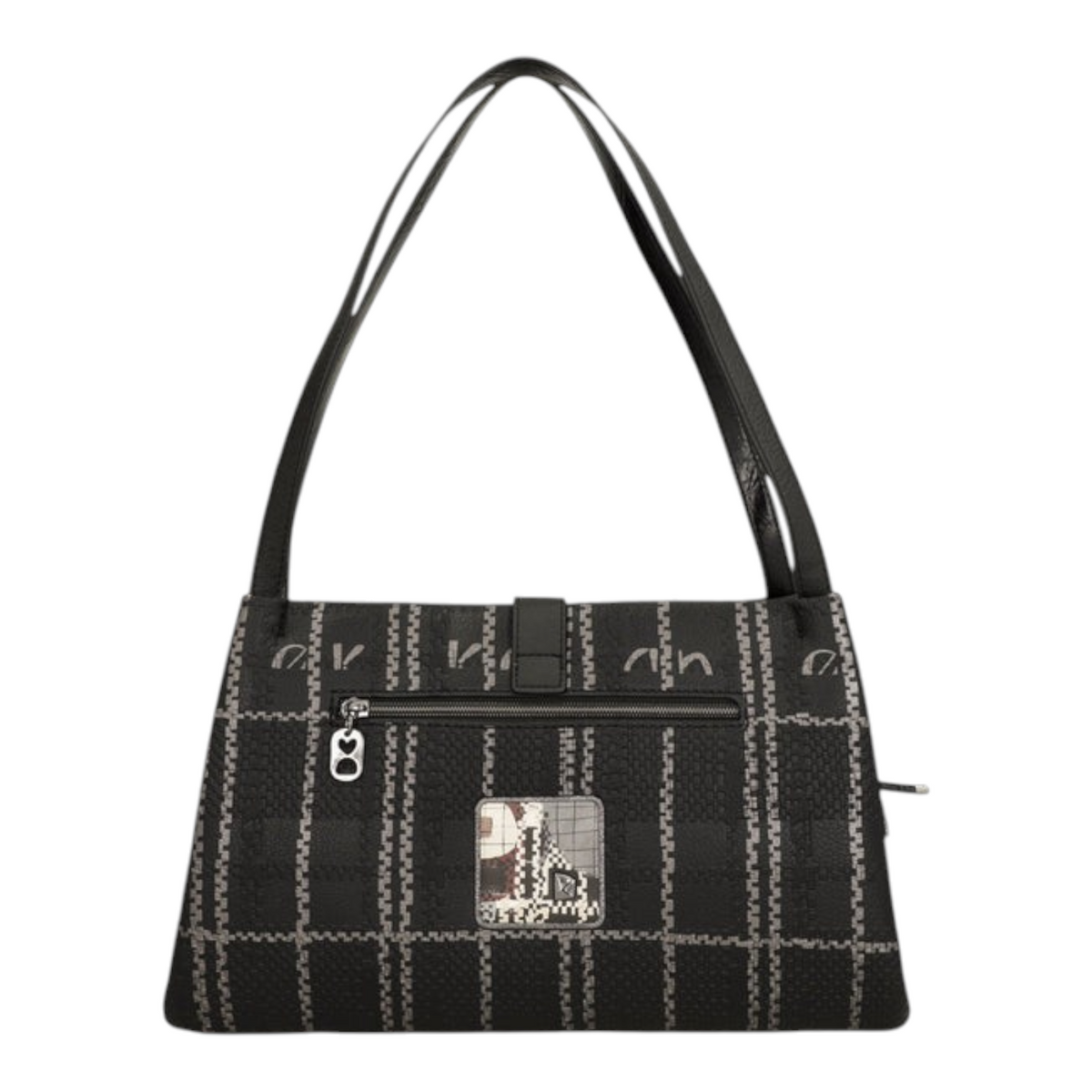 Lieblingstasche shoulder bag in black with a grey checkered pattern, featuring a zip pocket and top handles.