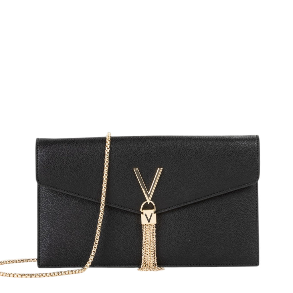Lieblingstasche black faux leather clutch with gold V logo and tassel detail, chain strap.