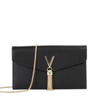Lieblingstasche black faux leather clutch with gold V logo and tassel detail, chain strap.