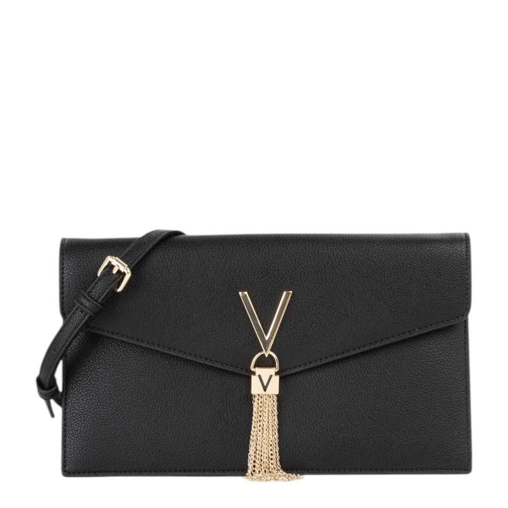 Lieblingstasche black faux leather clutch with gold V logo and chain tassel detail