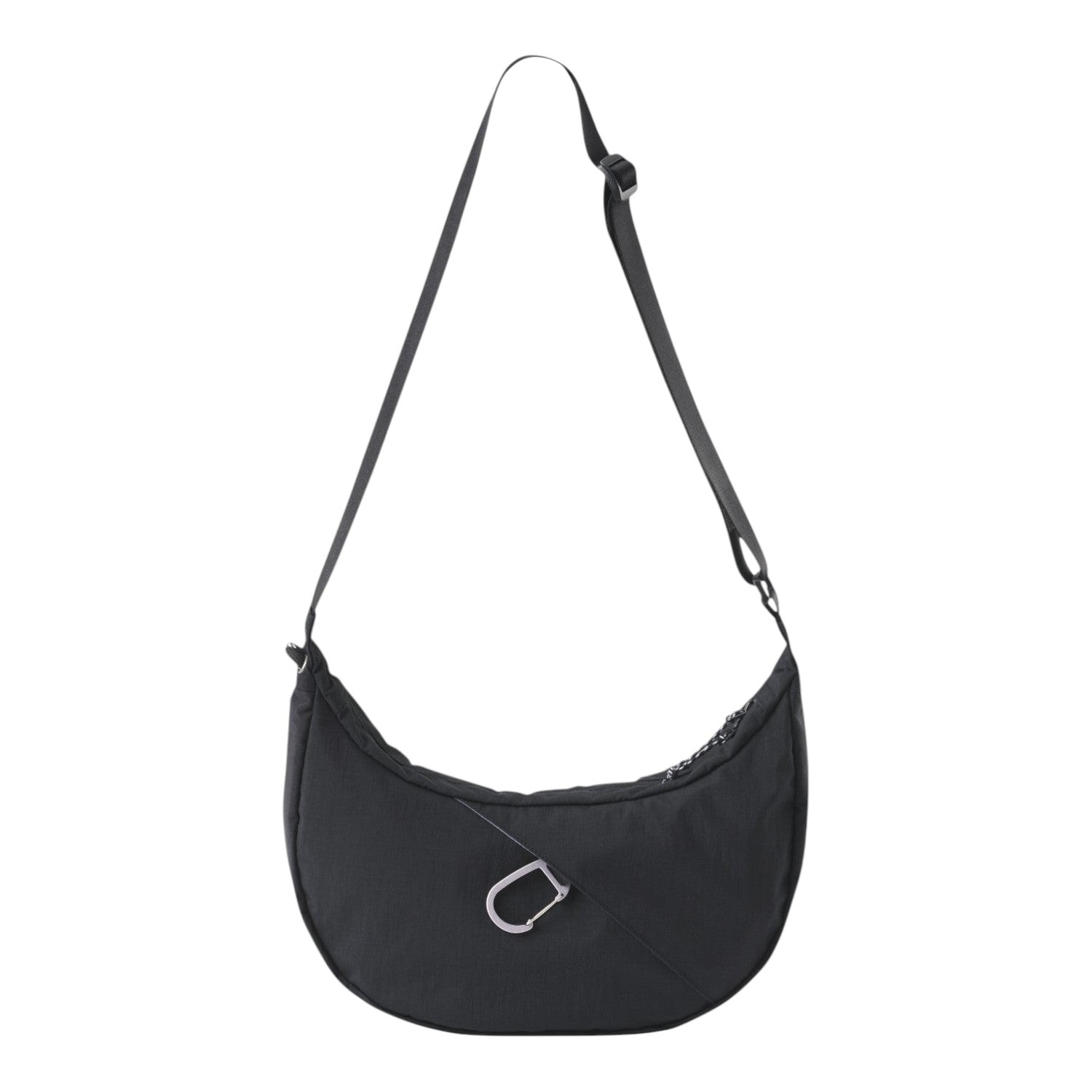 Lieblingstasche black crescent-shaped sling bag with an adjustable strap and silver carabiner detail