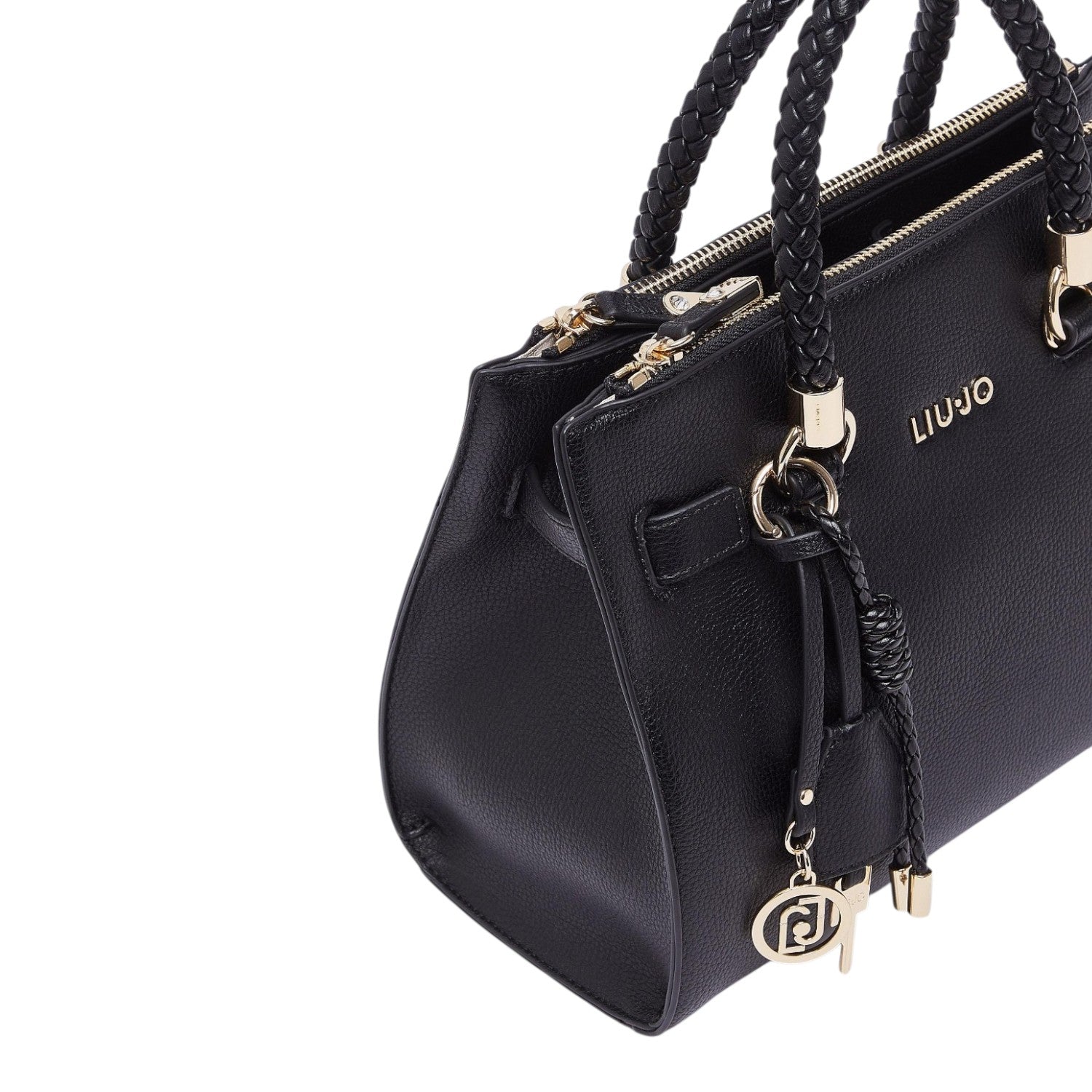 Lieblingstasche black ECS Satchel S handbag with braided handles, gold hardware, and logo charm detail.