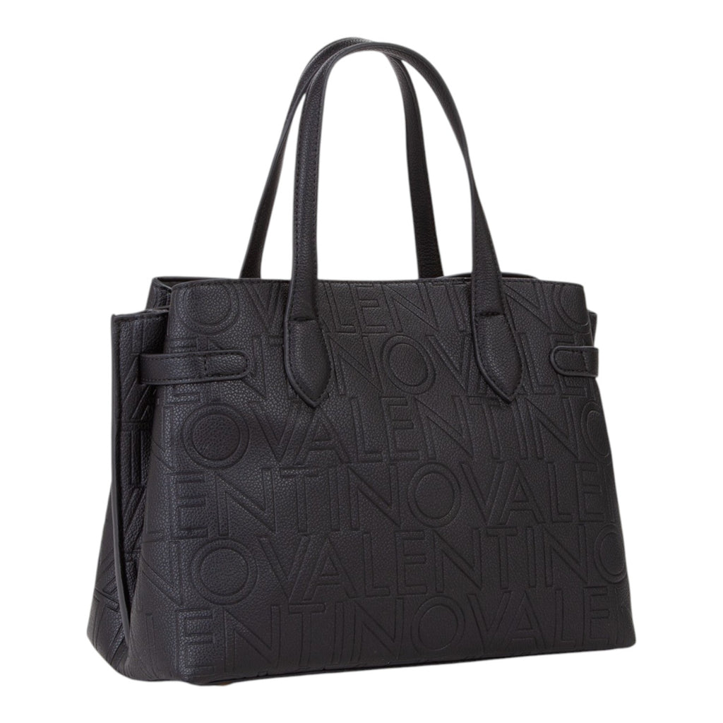 Lieblingstasche black embossed logo tote bag with top handles and side tie details.