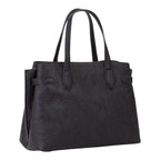 Lieblingstasche black embossed logo tote bag with top handles and side tie details.