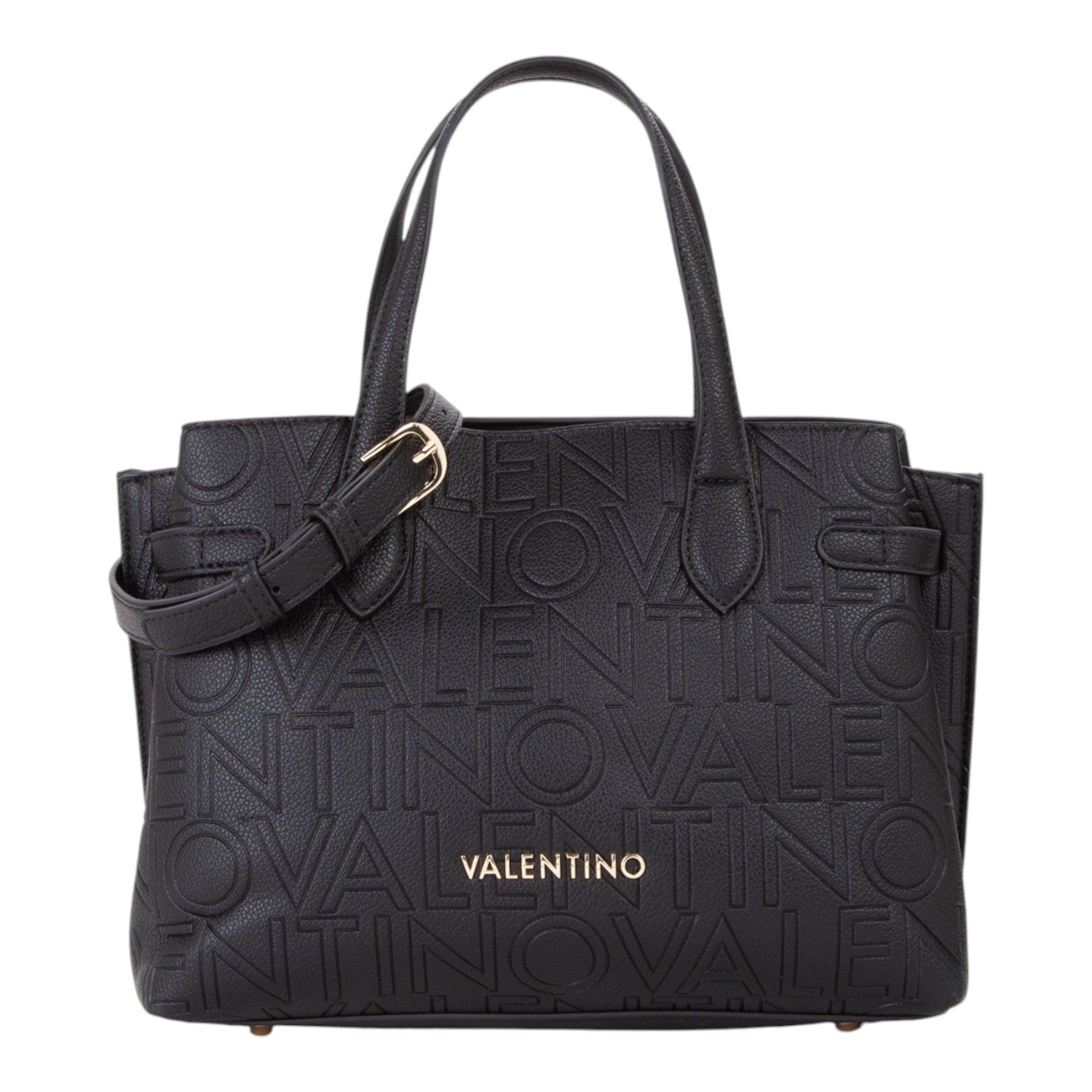 Lieblingstasche black embossed logo tote bag with gold hardware and top handles.
