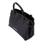 Lieblingstasche black embossed logo tote bag with gold hardware and top handles.