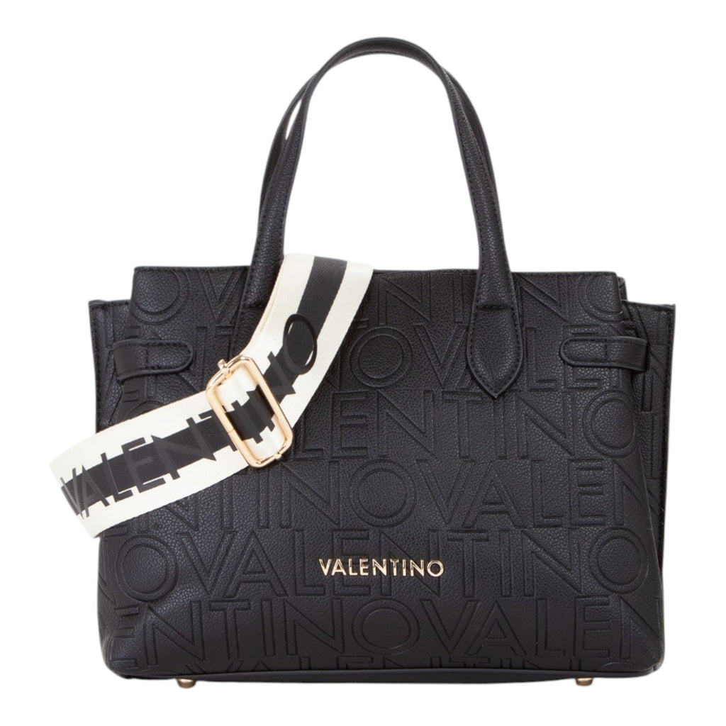 Lieblingstasche black embossed logo tote bag with white and black striped strap and gold hardware.