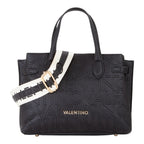 Lieblingstasche black embossed logo tote bag with white and black striped strap and gold hardware.